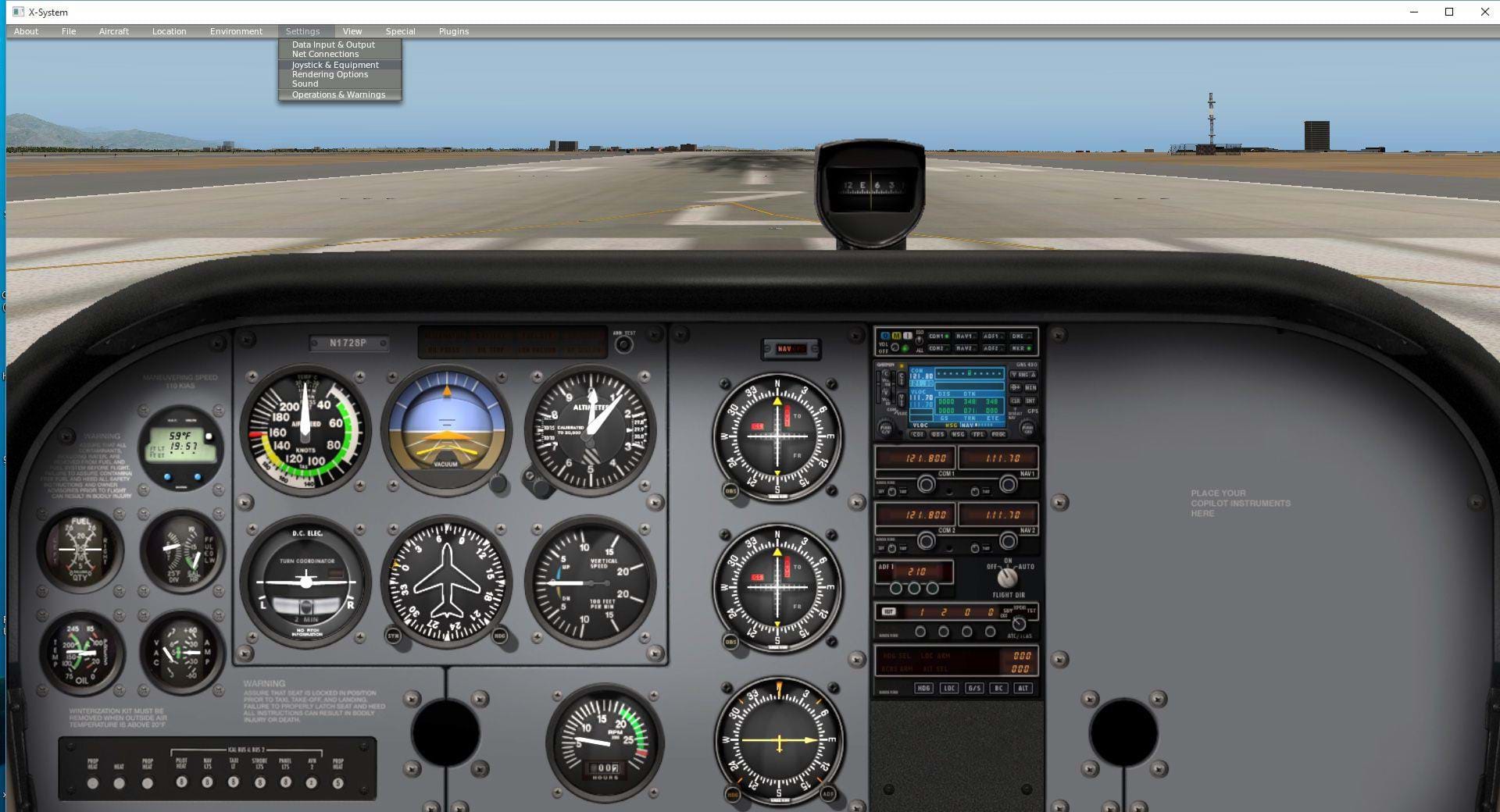 The top menu of X-Plane, which appears when you move the mouse cursor to the top of the window.
